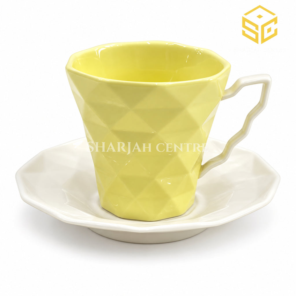 SOOGO lemon yellow cup and saucer, geometric diamond texture, white saucer, modern tea crockery, Sharjah Centre Multan