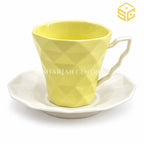 SOOGO lemon yellow cup and saucer, geometric diamond texture, white saucer, modern tea crockery, Sharjah Centre Multan
