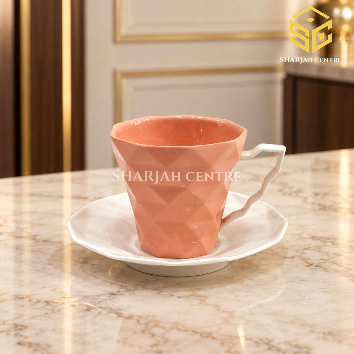 SOOGO peach coral cup and saucer, embossed geometric design, luxury marble table setting, Sharjah Centre Multan
