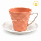 SOOGO peach coral cup and saucer, geometric diamond texture, white saucer, premium tea cup, Sharjah Centre Multan