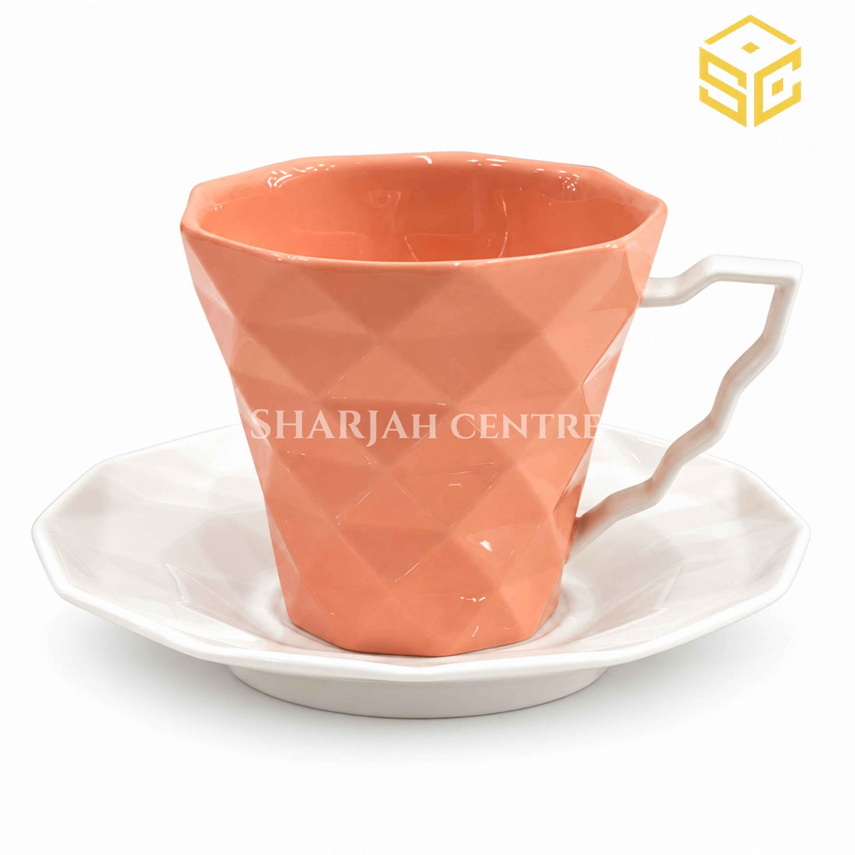 SOOGO peach coral cup and saucer, geometric diamond texture, white saucer, premium tea cup, Sharjah Centre Multan