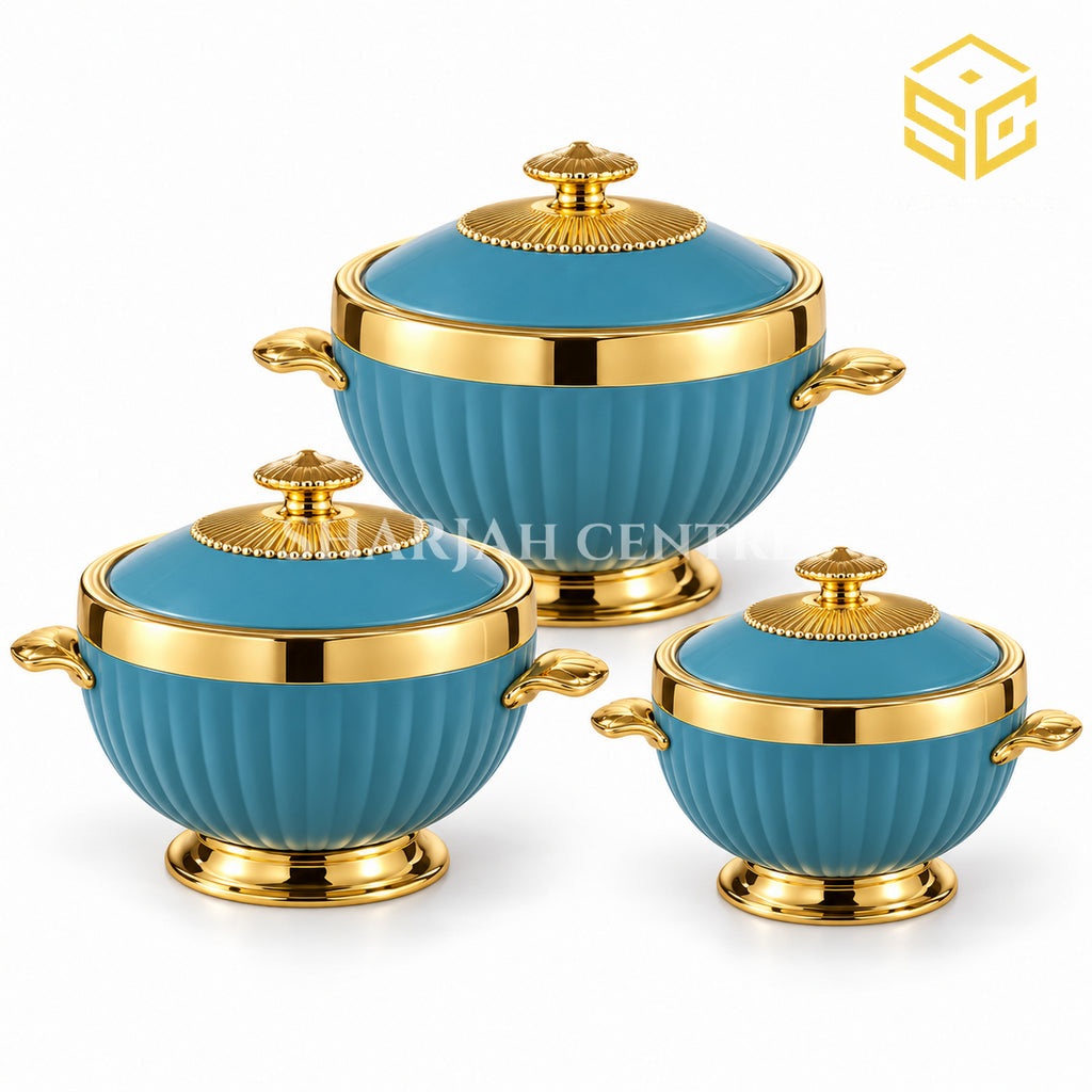 Turquoise and gold three-piece hotpot set displayed on a luxury marble table