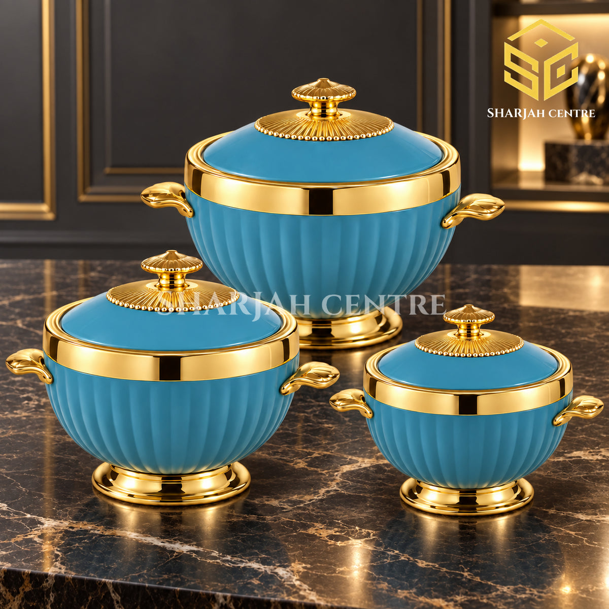 Turquoise and gold 3-piece insulated hotpot set in 3L, 2.5L and 2L sizes