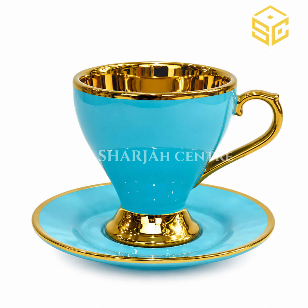 Turquoise blue and gold premium cup and saucer set – Sharjah Centre Multan