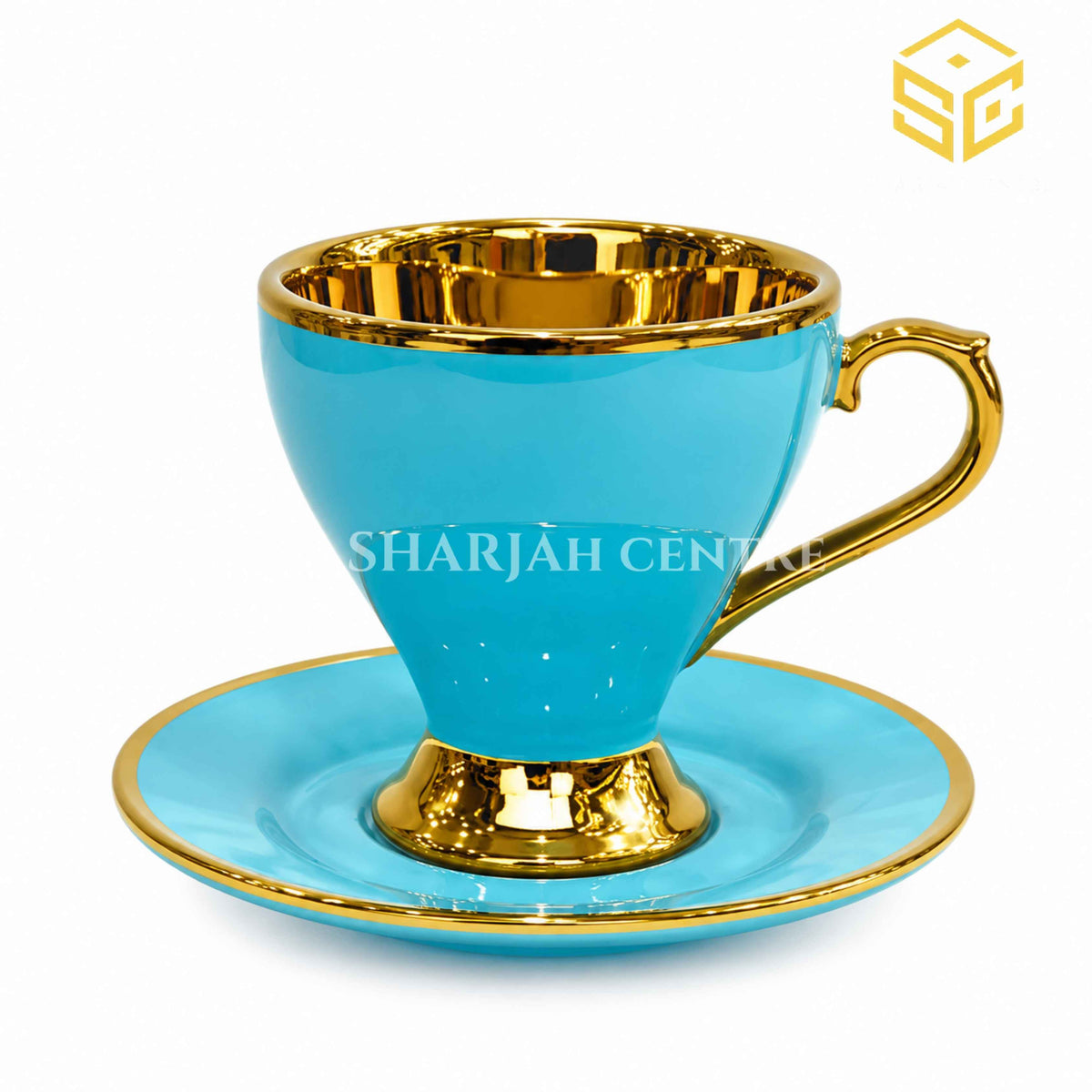 Turquoise blue and gold premium cup and saucer set – Sharjah Centre Multan