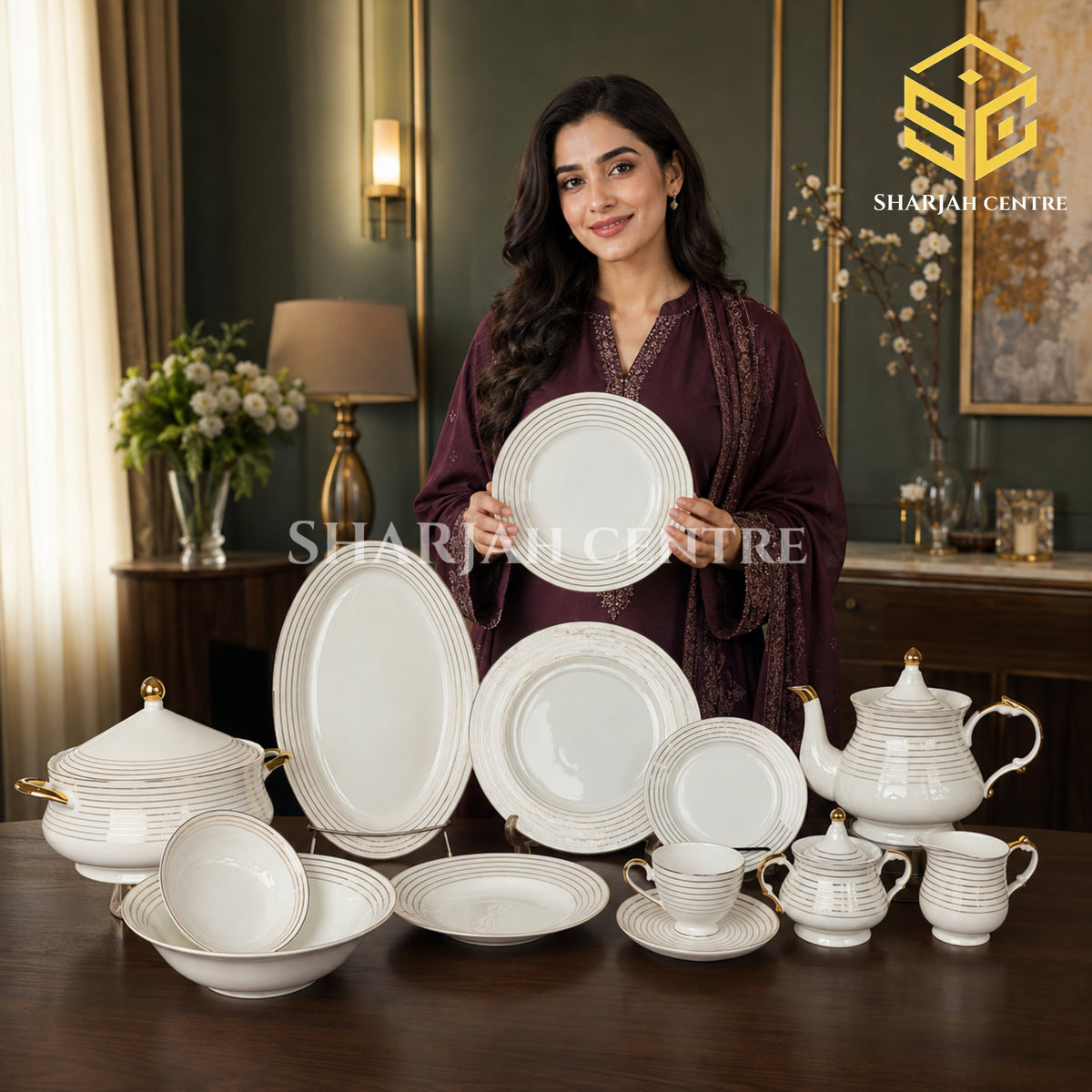 Versace Medusa Blue fine bone china dinner set with linear borders, Medusa-style motif and gold accents for 12 persons model bg