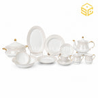 Versace Medusa Blue fine bone china dinner set with linear borders, Medusa-style motif and gold accents for 12 persons white bg