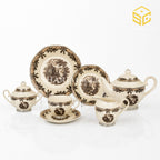 Vintage brown scenic 24-piece Super Bone tea set with 6 person serving and ornate botanical borders white bg