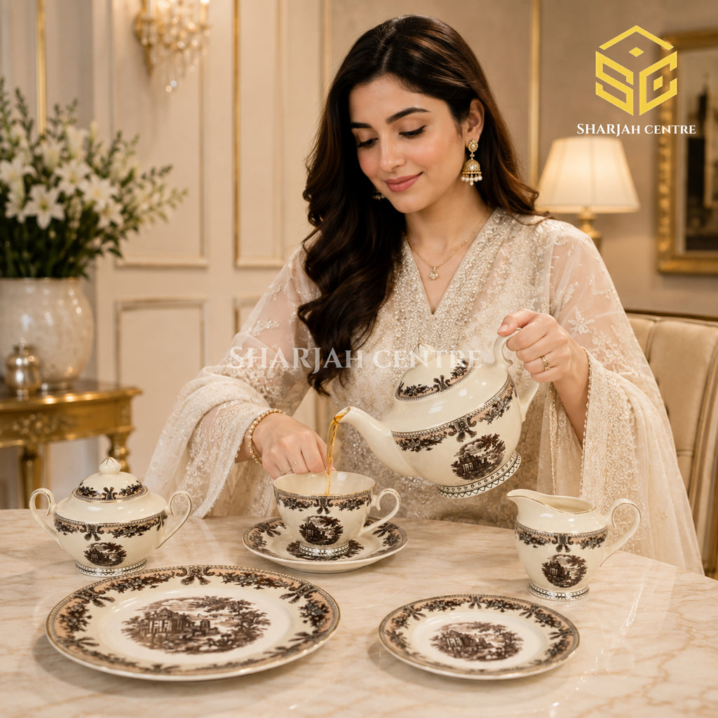 Vintage brown scenic 24-piece Super Bone tea set with 6 person serving and ornate botanical borders model bg