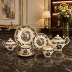 Vintage brown scenic 24-piece Super Bone tea set with 6 person serving and ornate botanical borders color bg
