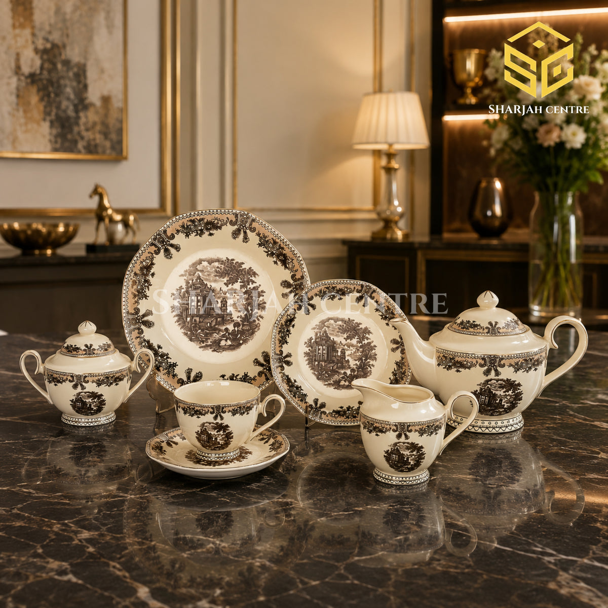 Vintage brown scenic 24-piece Super Bone tea set with 6 person serving and ornate botanical borders color bg
