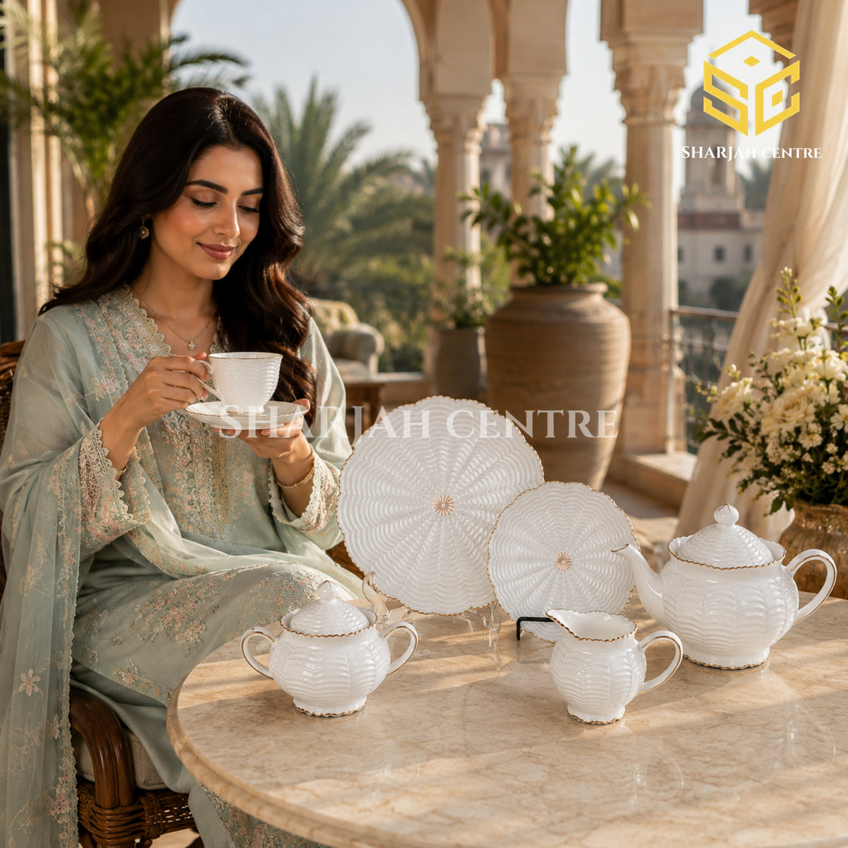 White 24-piece tea set with 6 person serving, embossed wave texture, scalloped edges and gold-tone trim model bg