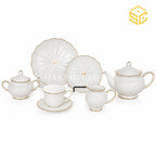 White 24-piece tea set with 6 person serving, embossed wave texture, scalloped edges and gold-tone trim white bg