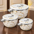 Billi white gold marble hotpot set with silver handles on a luxury walnut table
