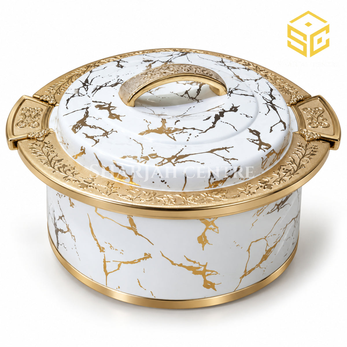White marble and gold insulated hotpot available at Sharjah Centre Multan