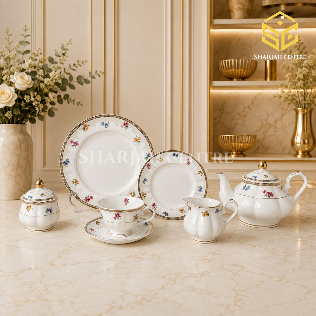 White 24-piece Super Bone tea set with 6 person serving, mini floral pattern and black striped borders color bg