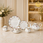 White 24-piece Super Bone tea set with 6 person serving, mini floral pattern and black striped borders color bg