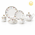 White 24-piece Super Bone tea set with 6 person serving, mini floral pattern and black striped borders white bg