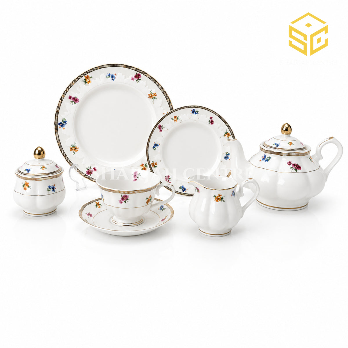 White 24-piece Super Bone tea set with 6 person serving, mini floral pattern and black striped borders white bg