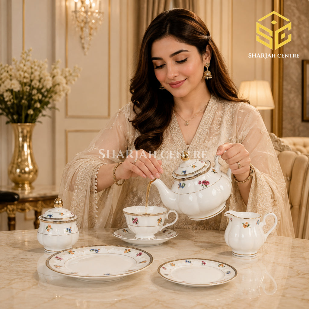 White 24-piece Super Bone tea set with 6 person serving, mini floral pattern and black striped borders model bg