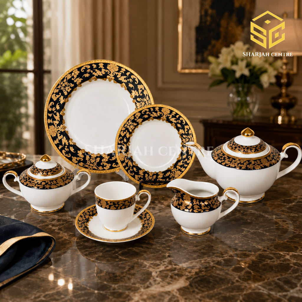 Yamasen Japan 24-piece Super Bone tea set with 6 person serving, black borders and ornate 24K gold-plated detailing color bg