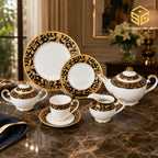 Yamasen Japan 24-piece Super Bone tea set with 6 person serving, black borders and ornate 24K gold-plated detailing color bg