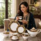 Yamasen Japan 24-piece Super Bone tea set with 6 person serving, black borders and ornate 24K gold-plated detailing model bg