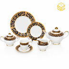 Yamasen Japan 24-piece Super Bone tea set with 6 person serving, black borders and ornate 24K gold-plated detailing white bg