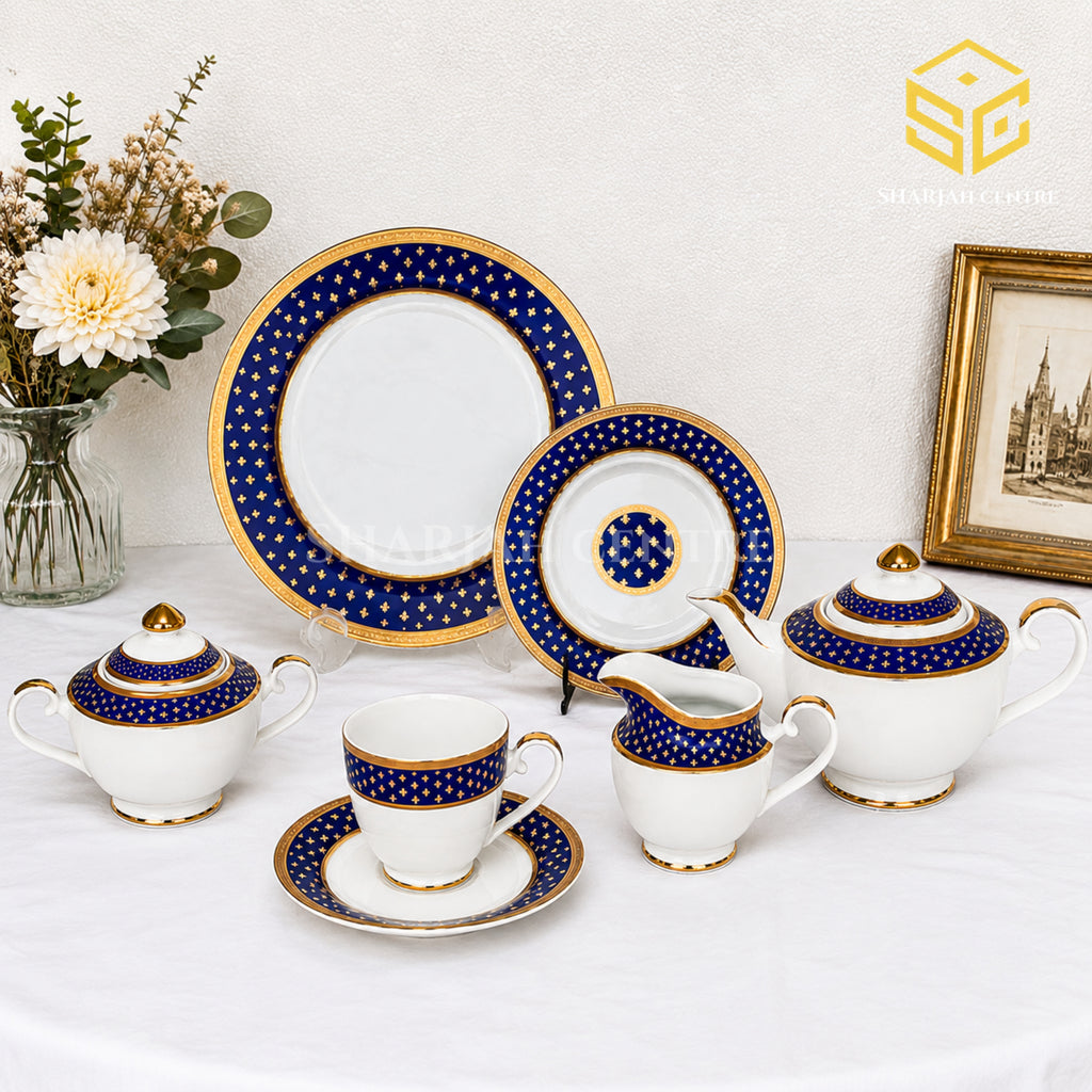 Yamasen Japan 24-piece Super Bone tea set with 6 person serving, royal-blue bands and 24K gold-plated detailing color bg
