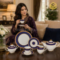 Yamasen Japan 24-piece Super Bone tea set with 6 person serving, royal-blue bands and 24K gold-plated detailing model bg
