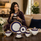 Yamasen Japan 24-piece Super Bone tea set with 6 person serving, royal-blue bands and 24K gold-plated detailing model bg