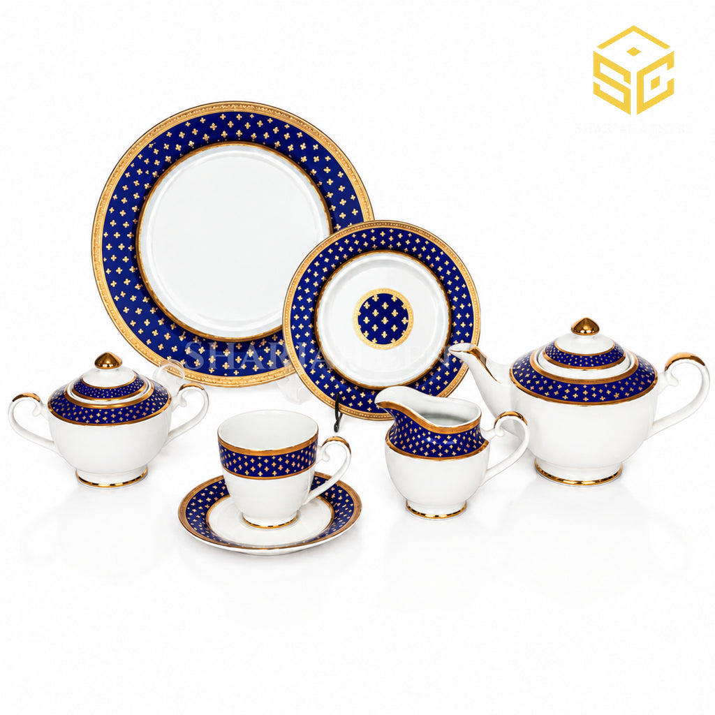 Yamasen Japan 24-piece Super Bone tea set with 6 person serving, royal-blue bands and 24K gold-plated detailing wite bg