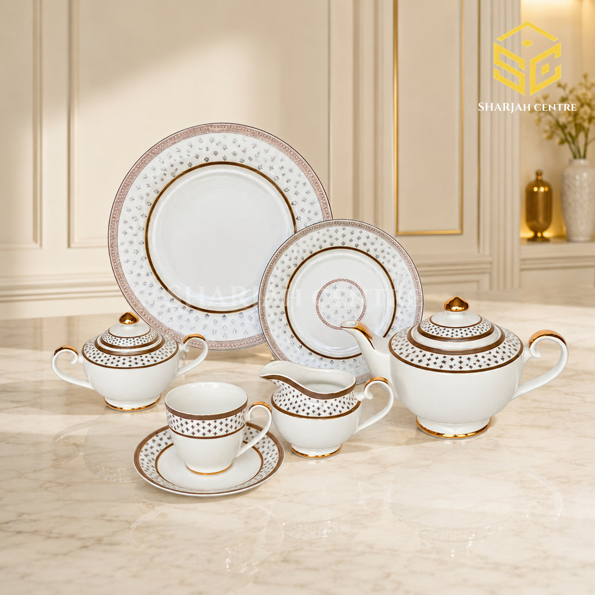 Yamasen Japan Gold Collection 24-piece tea set with 6 person serving, geometric pattern and 24K gold-plated accents colord bg 