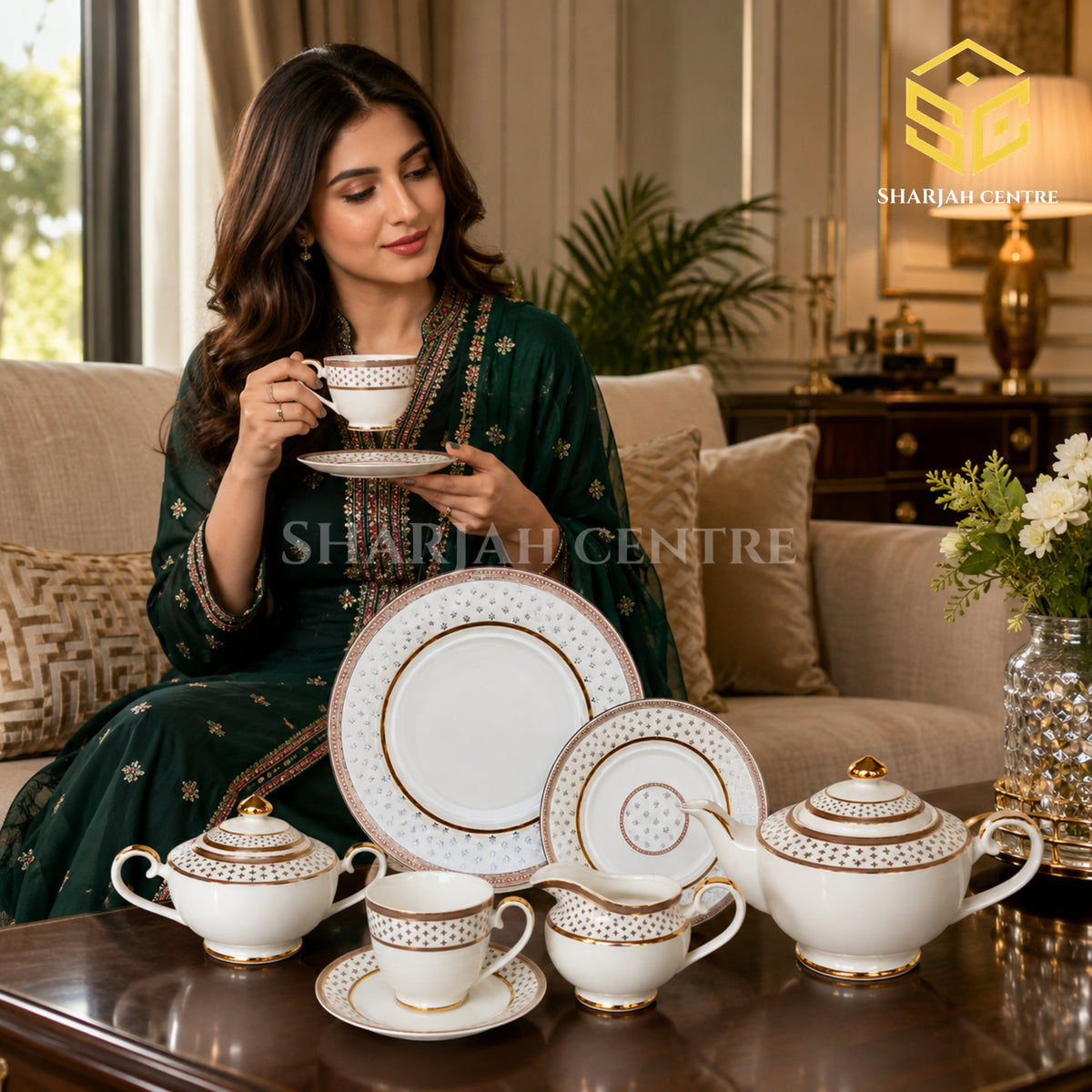 Yamasen Japan Gold Collection 24-piece tea set with 6 person serving, geometric pattern and 24K gold-plated accents model bg