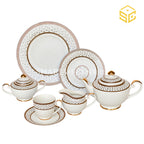 Yamasen Japan Gold Collection 24-piece tea set with 6 person serving, geometric pattern and 24K gold-plated accents white bg