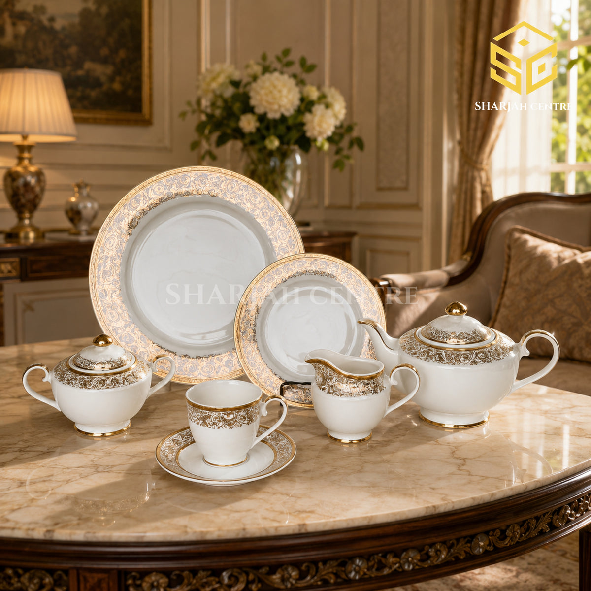 Yamasen Japan Gold Collection 24-piece tea set with 6 person serving and ornate 24K gold-plated filigree borders color bg