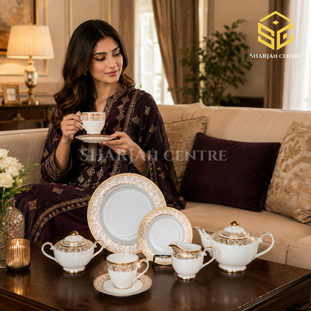 Yamasen Japan Gold Collection 24-piece tea set with 6 person serving and ornate 24K gold-plated filigree borders model bg