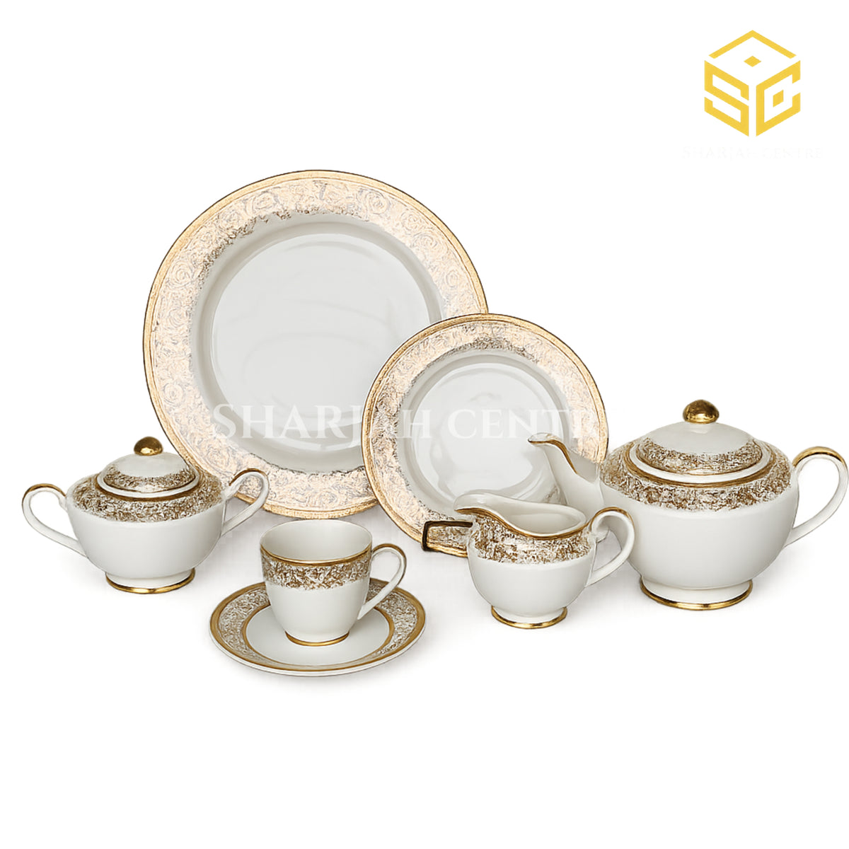 Yamasen Japan Gold Collection 24-piece tea set with 6 person serving and ornate 24K gold-plated filigree borders white bg