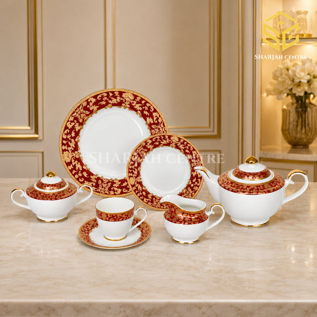 Yamasen Japan 24-piece Super Bone tea set with 6 person serving, red borders and ornate 24K gold-plated detailing color bg