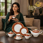 Yamasen Japan 24-piece Super Bone tea set with 6 person serving, red borders and ornate 24K gold-plated detailing model bg
