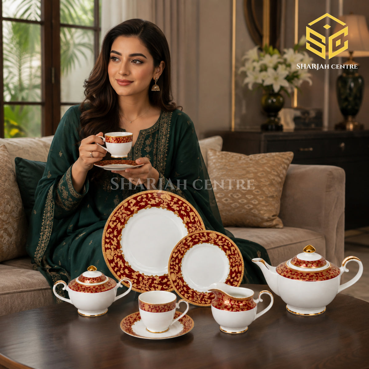 Yamasen Japan 24-piece Super Bone tea set with 6 person serving, red borders and ornate 24K gold-plated detailing model bg