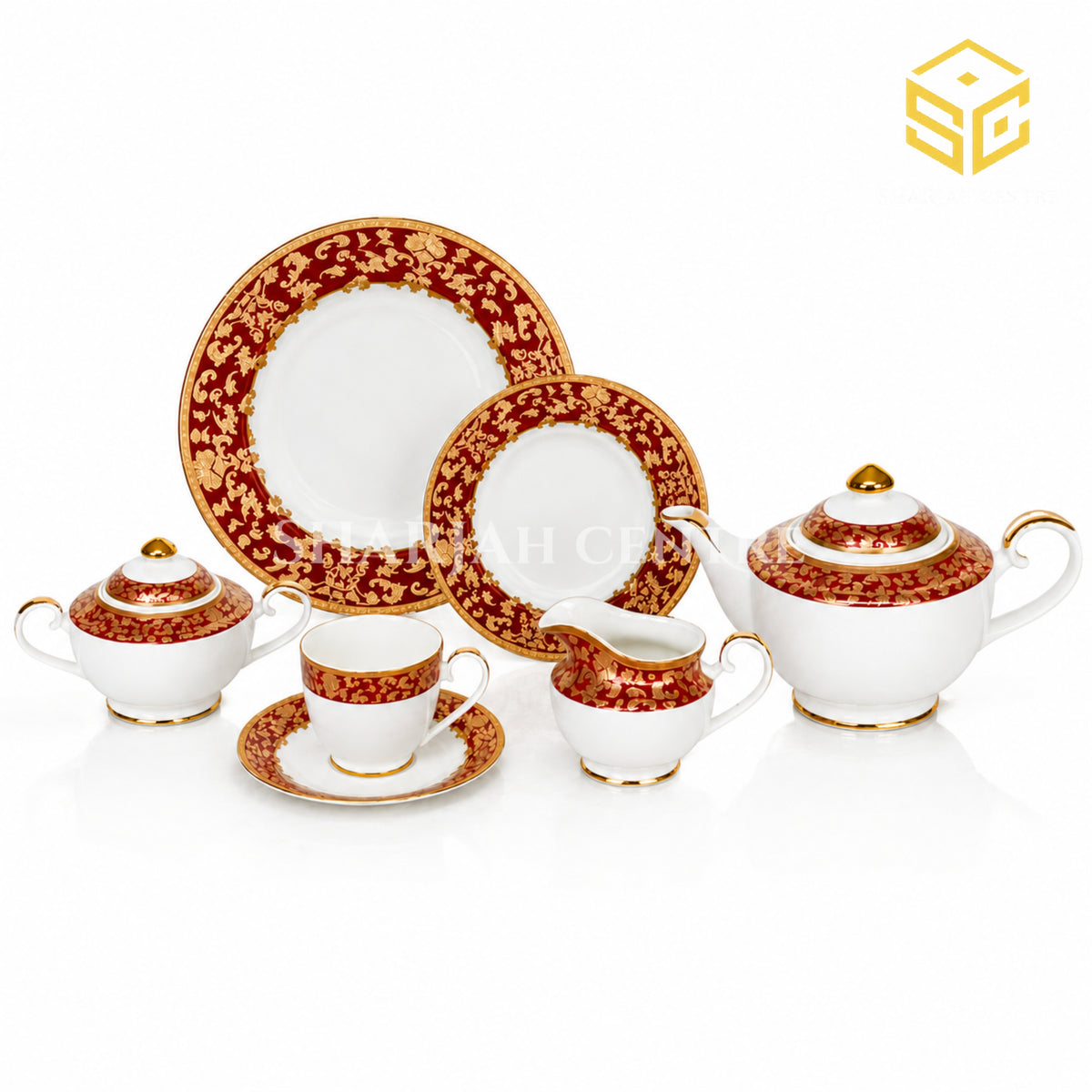 Yamasen Japan 24-piece Super Bone tea set with 6 person serving, red borders and ornate 24K gold-plated detailing white bg